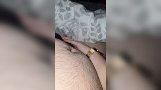 Step mom hand trying to pull out step son penis from his panties